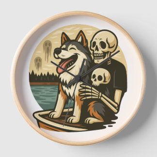 幽霊の出る湖の上の骸骨と犬のホラーアート 壁時計