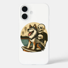 幽霊の出る湖の上の骸骨と犬のホラーアート iPhone 16ケース
