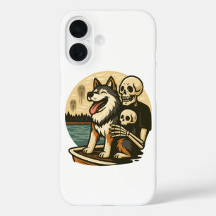 幽霊の出る湖の上の骸骨と犬のホラーアート iPhone 16ケース