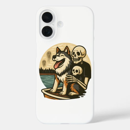 幽霊の出る湖の上の骸骨と犬のホラーアート Case-Mate iPhoneケース (裏面)