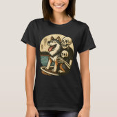 幽霊の出る湖の上の骸骨と犬のホラーアート Tシャツ (正面)
