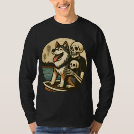 幽霊の出る湖の上の骸骨と犬のホラーアート Tシャツ