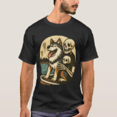 幽霊の出る湖の上の骸骨と犬のホラーアート Tシャツ (正面)