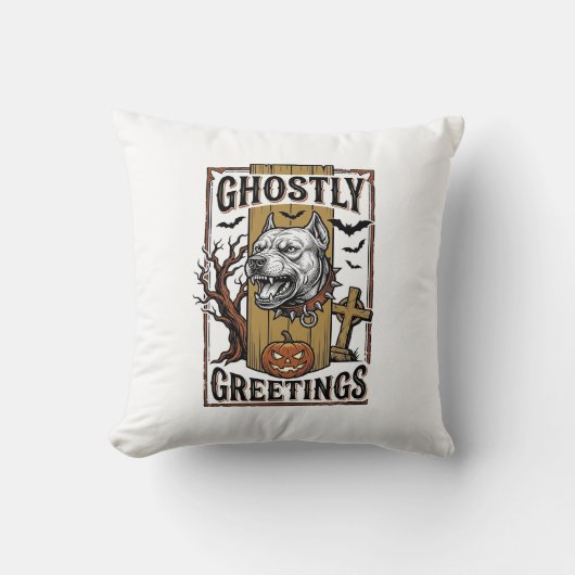 幽霊の挨拶Tシャツビンテージの彫刻ハロウィン クッション (正面)
