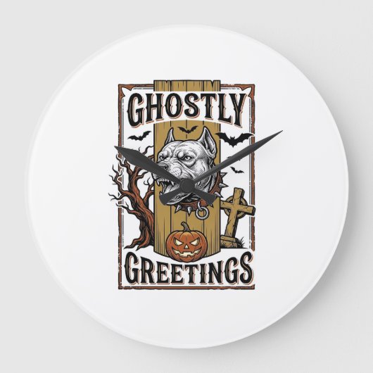 幽霊の挨拶Tシャツビンテージの彫刻ハロウィン ラージ壁時計 (正面)