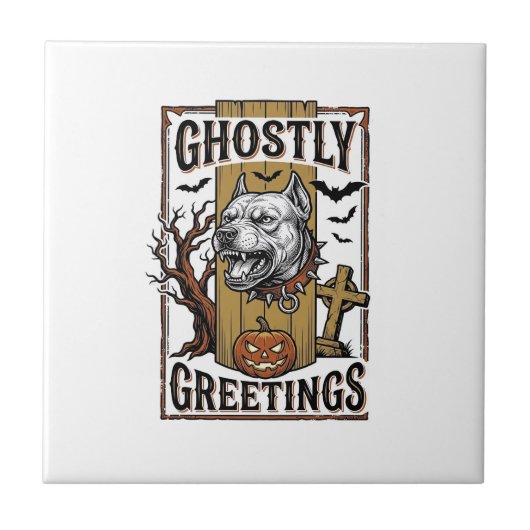 幽霊の挨拶Tシャツ ビンテージ風の彫刻 ハロウィン タイル (正面)