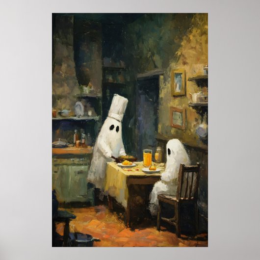 幽霊の料理デートの絵 ハロウィン 印刷 ポスター (正面)