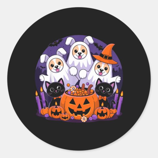 幽霊の格好をしたハロウィンの犬の面白い格好 ハロウィンの犬 ラウンドシール (正面)