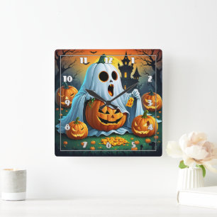 幽霊の楽しみハロウィーンのお菓子！🎃 スクエア壁時計