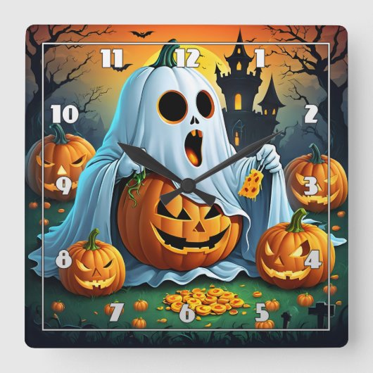 幽霊の楽しみハロウィーンのお菓子！🎃 スクエア壁時計 (正面)