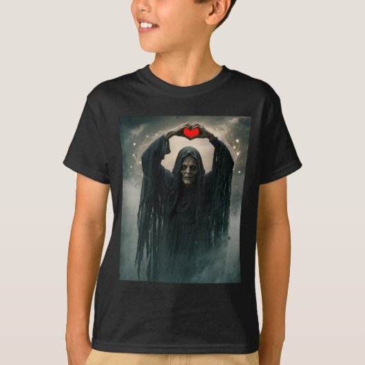 幽霊の赤いハートの手の怖い顔のハロウィン Tシャツ (正面)