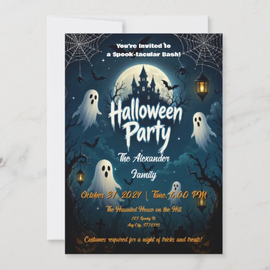 幽霊の青い夜のハロウィンパーティー招待状 招待状 (正面)