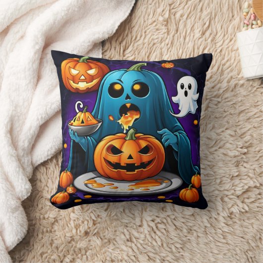 幽霊はハロウィーンの夜にカボチャを食べる クッション (ブランケット)
