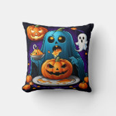 幽霊はハロウィーンの夜にカボチャを食べる クッション (正面)