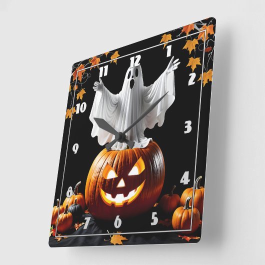 幽霊は夕暮れ時にカボチャから出る スクエア壁時計 (傾斜)