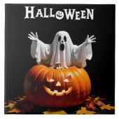 幽霊よくはしゃぐが彫られたカボチャから現れる タイル (正面)