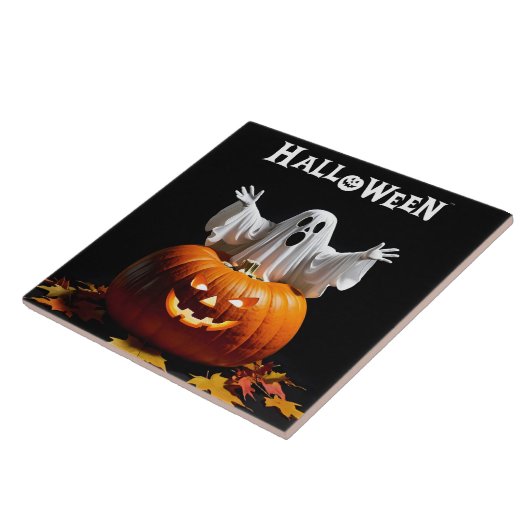 幽霊よくはしゃぐが彫られたカボチャから現れる タイル (側面)