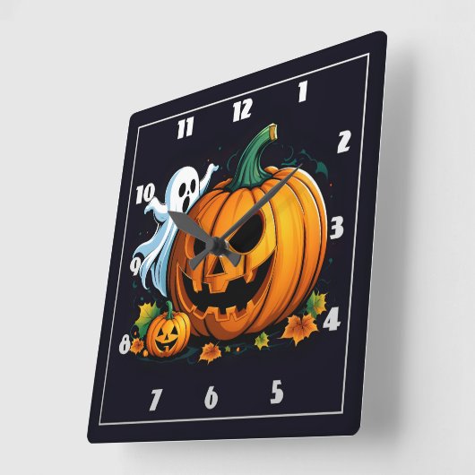 幽霊よくはしゃぐとハロウィーン用の彫りカボチャ スクエア壁時計 (傾斜)