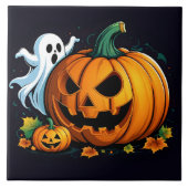 幽霊よくはしゃぐとハロウィーン用の彫りカボチャ タイル (正面)