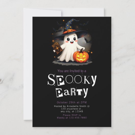 幽霊ウィッチハットミニマモダンリストハロウィーン 招待状 (正面)