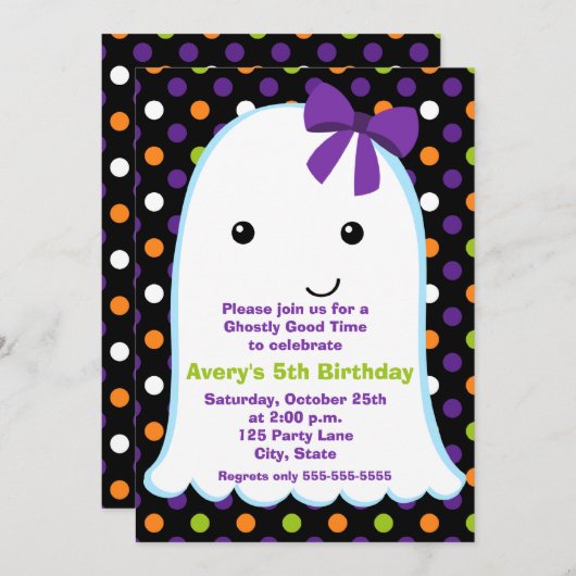 幽霊ガールハロウィーン |キッズハロウィン誕生日 招待状 (正面/裏面)