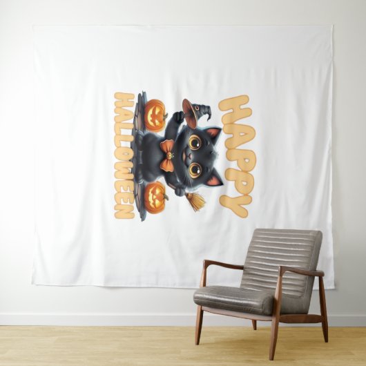 幽霊キャットティー、ハロウィンシャツ不気味、かわいい、ユニーズ タペストリー (インサイチュ(横))