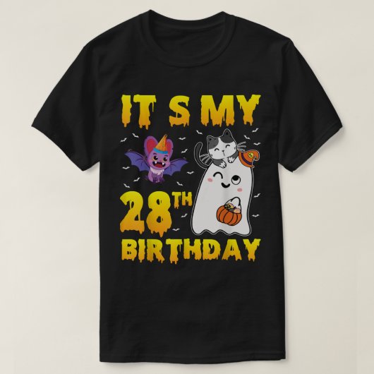 幽霊キャットパンプキンキャンディーコーンIts My 28誕生日 Tシャツ (デザイン正面)