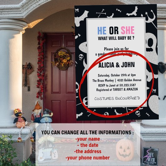 幽霊グリッターHeまたはSheハロウィンジェンダーの公開 招待状