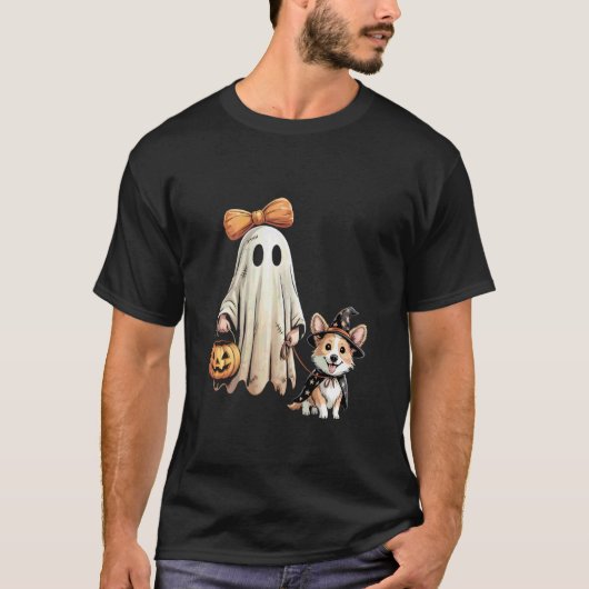 幽霊コーギー犬のハロウィンお化けコスチューム Tシャツ (正面)
