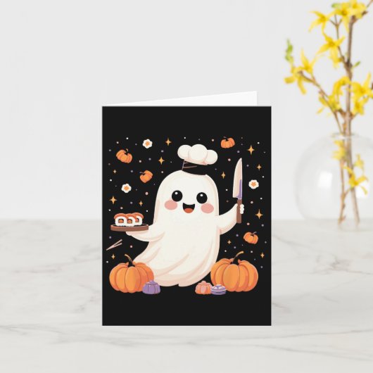 幽霊シェフと寿司トレイおかしなハロウィン不気味 カード (黄色い花)