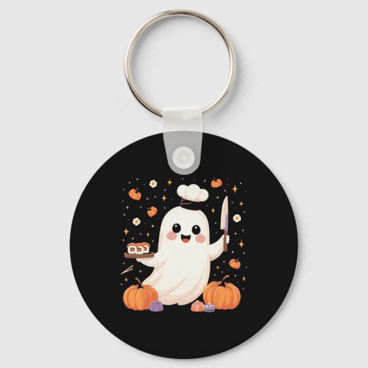 幽霊シェフと寿司トレイおかしなハロウィン不気味 キーホルダー (正面)
