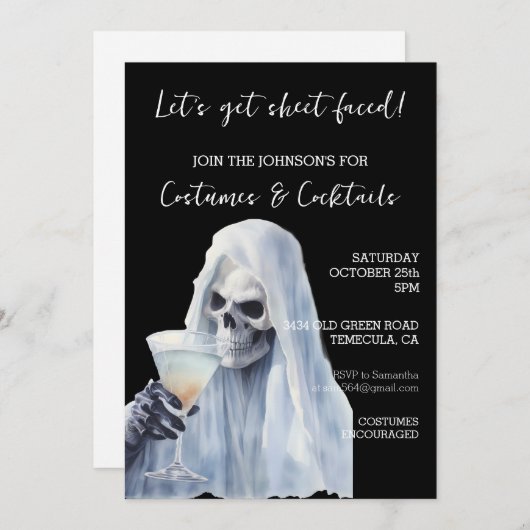 幽霊シートフェイスコスチューム&カクテルハロウィーン 招待状 (正面/裏面)