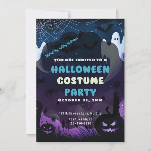 幽霊スパイダーウェブカボンプキンパープルブルーハロウィーン 招待状 (正面)