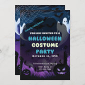 幽霊スパイダーウェブカボンプキンパープルブルーハロウィーン 招待状 (正面/裏面)