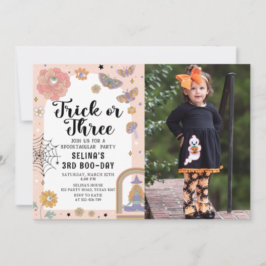 幽霊トリックまたは3ハロウィーン3回目の誕生日の写真 招待状 (正面)