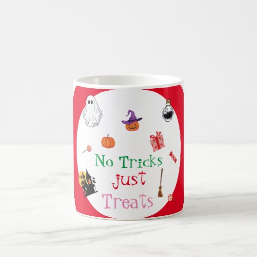 幽霊ハロウィーンいいえトリックだけでカボチャを扱う コーヒーマグカップ (中央)