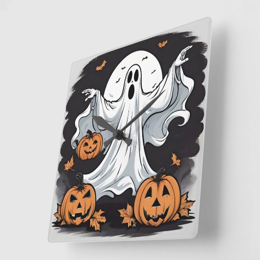幽霊ハロウィーンでカボチャを持つ スクエア壁時計 (傾斜)