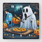 幽霊ハロウィーンにカボチャを彫る スクエア壁時計 (正面)