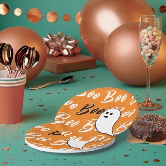 幽霊ハロウィーン白黒オレンジブー ペーパープレート (複数)