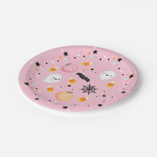 幽霊ハロウィーン誕生日ピンクスポオクタキュラ ペーパープレート (アングル)