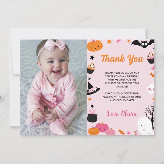 幽霊ハロウィーン誕生日ピンク写真 サンキューカード (正面)