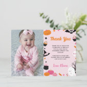 幽霊ハロウィーン誕生日ピンク写真 サンキューカード (スタンド正面)