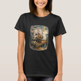 幽霊パグのハロウィンティーパーティー 海辺の桟橋 Tシャツ