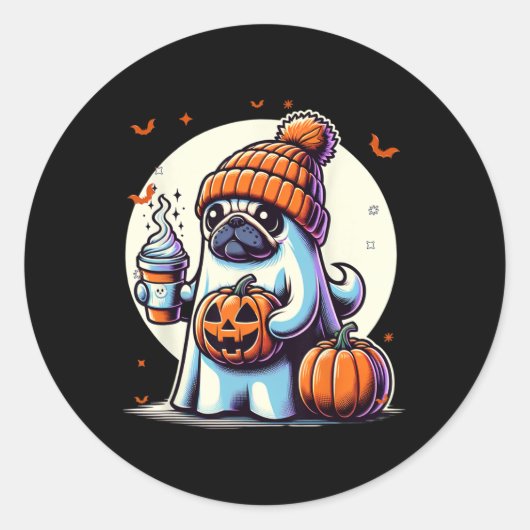 幽霊パンプキンドリンクビーニー秋ハロウィン ラウンドシール (正面)