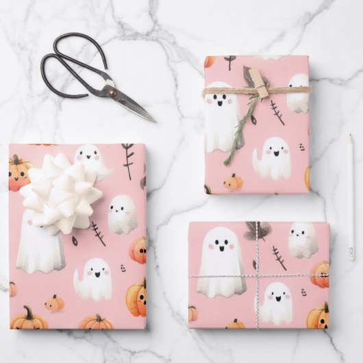 幽霊ピンクヘロウィーンラッピング紙シート ラッピングペーパーシート (正面)