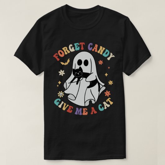 幽霊ブラック忘れキャッ与えCandy Me Catハロウィン Tシャツ (デザイン正面)