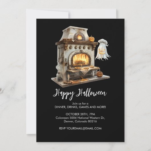 幽霊不気味シェフとアンティークストーブ，ハロウィーン 招待状 (正面)