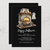 幽霊不気味シェフとアンティークストーブ，ハロウィーン 招待状 (正面/裏面)