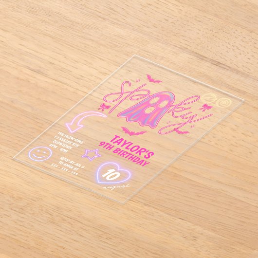 幽霊不気味ネオンピンクハロウィーン誕生日 アクリル招待状 (レイダウン)