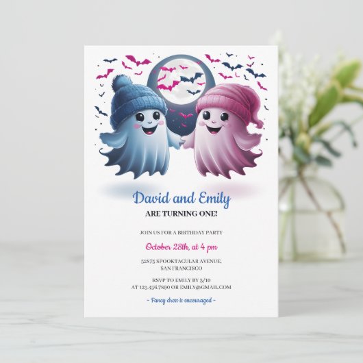 幽霊不気味ハロウィーンジョイントツインズファースト誕生日 招待状 (スタンド正面)